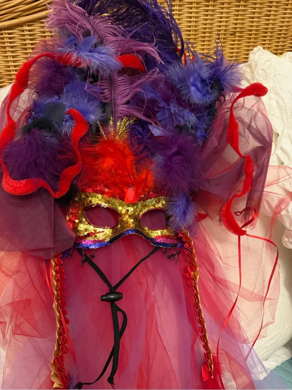 Vintage Signed Chapeau Maui Handcrafted Masquerade Mask & Feather Headdress